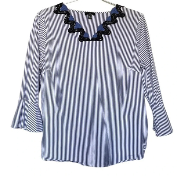 Talbots Petite Blue White Striped Rickrack-Trim Blouse Women’s Medium Petite - Picture 1 of 9